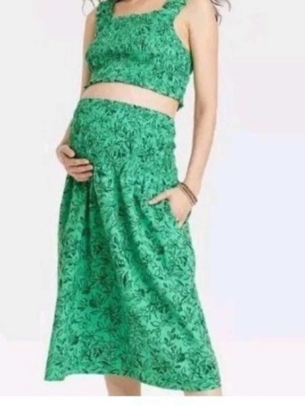 Isabel Maternity Green Floral Maternity Midi Skirt and cropped tank set